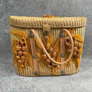 VTG Handmade Ornate Wicker Leather Handles Large Handbag Basket Metal Clasp